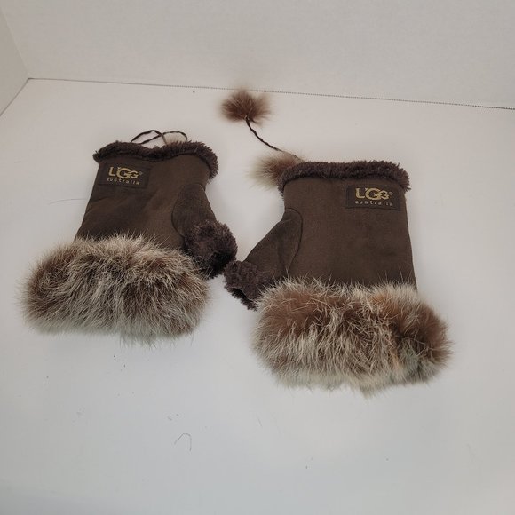 UGG Accessories - UGG Fingerless Gloves, Fur Trimmed Mittens, Brown, Slight Wear